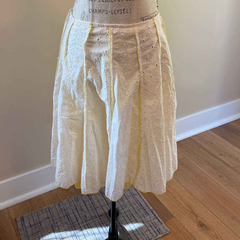 Willi Smith‎ Women's Yellow/White Eyelet Embroidery Midi Skirt Size 8 NWT